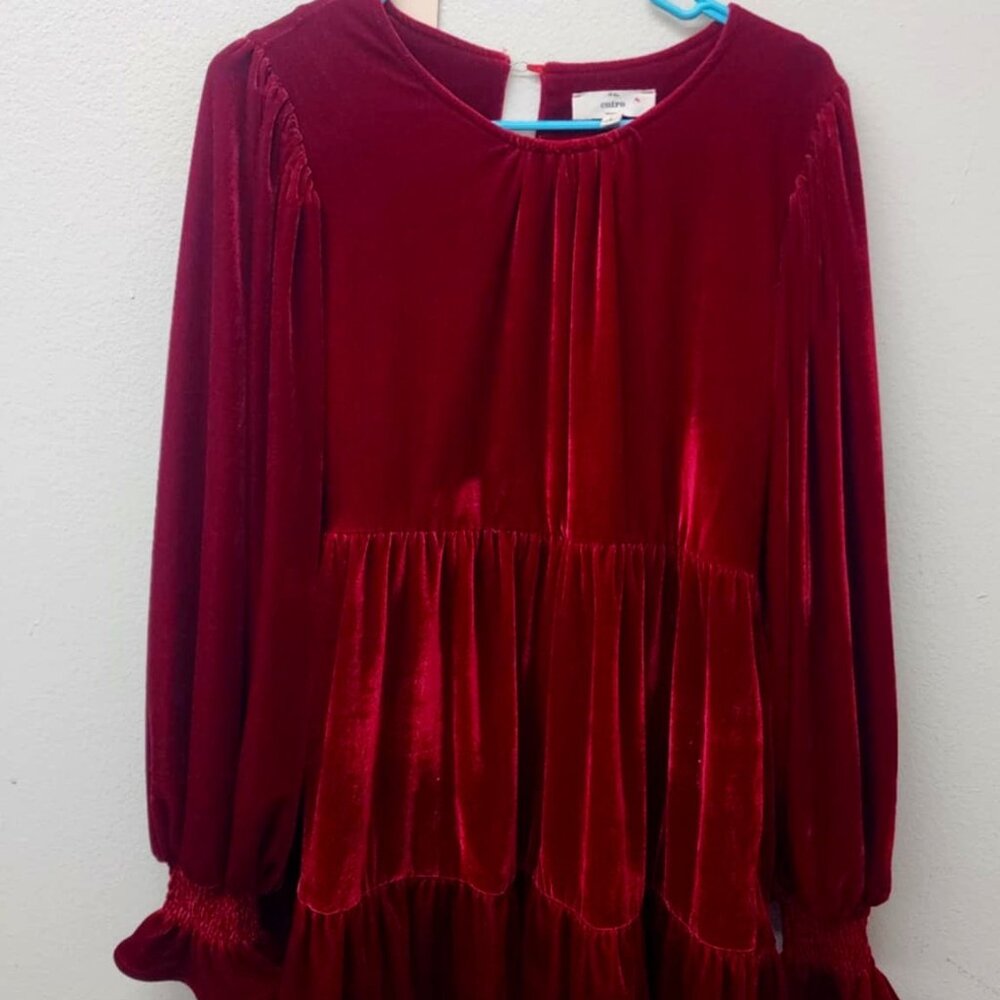 Dress Womens Size S Velvet Burgundy Long Sleeve Tiered Mini Holiday